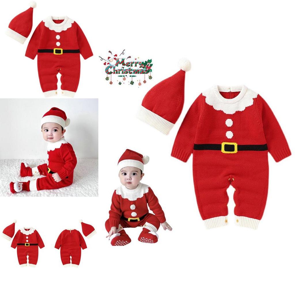 Adorable Christmas Baby Knitted Romper Jumpsuit Outfit W/ Santa Claus Sweater Hat