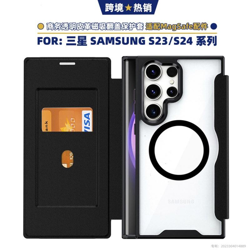 Кожаный чехол-книжка S24 Ultra для Samsung и iPhone 16 ProMax, прозрачный магнитный чехол для мобильного телефона с MagSafe