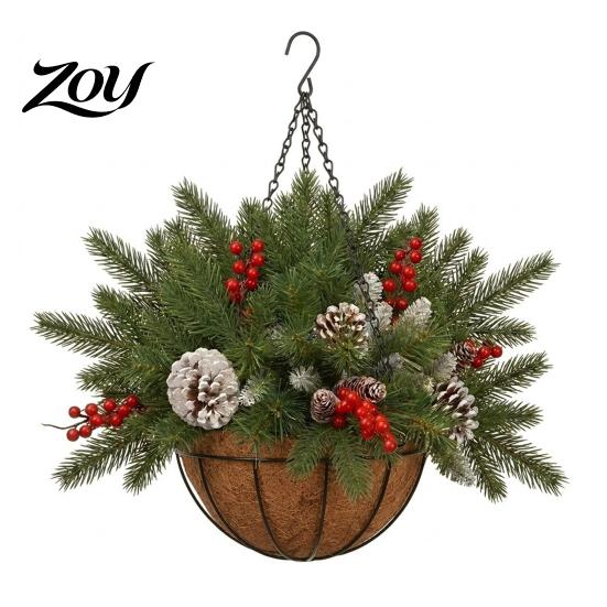 Red Berry Pine Cone Hanging Basket Artificial Christmas with Branches, Berries & Pinecones, Winter Front Door Decoration Pre-lit Holiday Planter