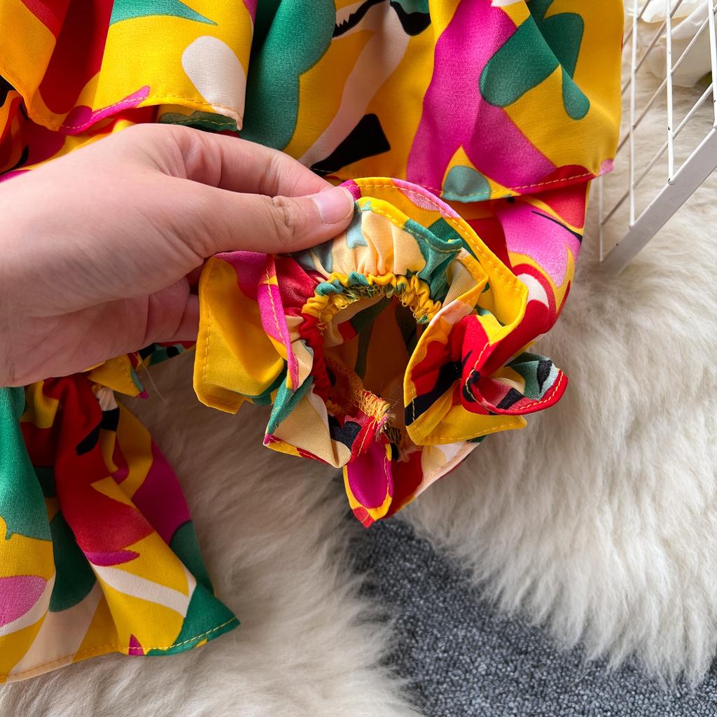 Модный французский костюм-рубашка на одно плечо с оборками и цветочным принтом, женский тонкий широкий брючный костюм с высокой талией