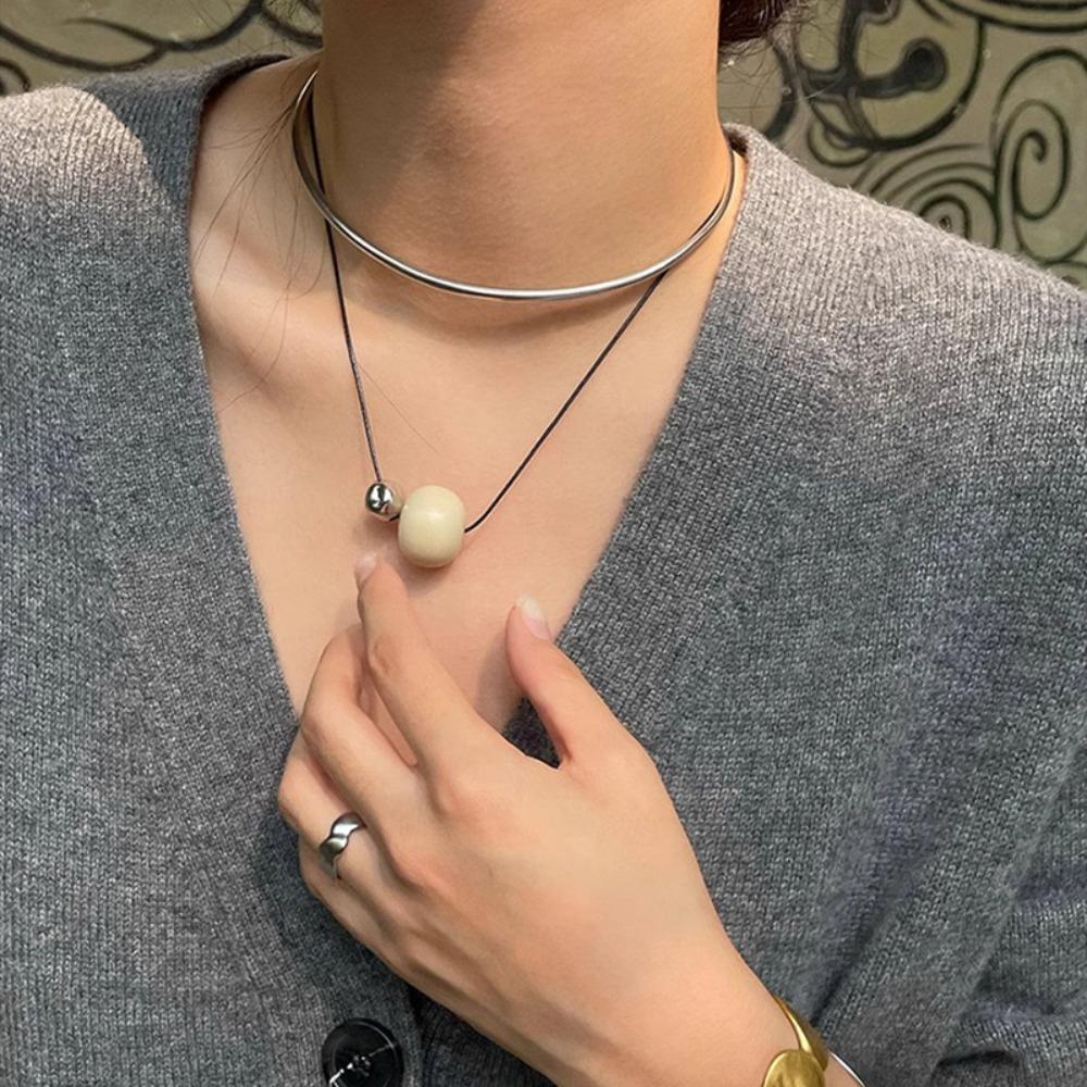 Vintage Bead Pendant Necklace Aesthetic Trend Choker Layered Cord Necklace Party