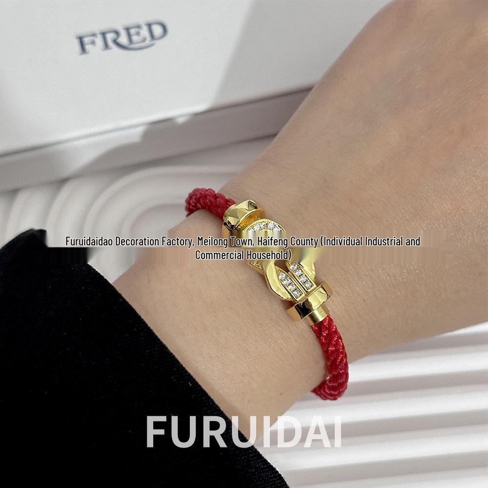 Браслет Fred с покрытием из 18-каратного золота, с бриллиантовой подковой, знаком зодиака и красной нитью - Унисекс, стиль DIY в форме 8