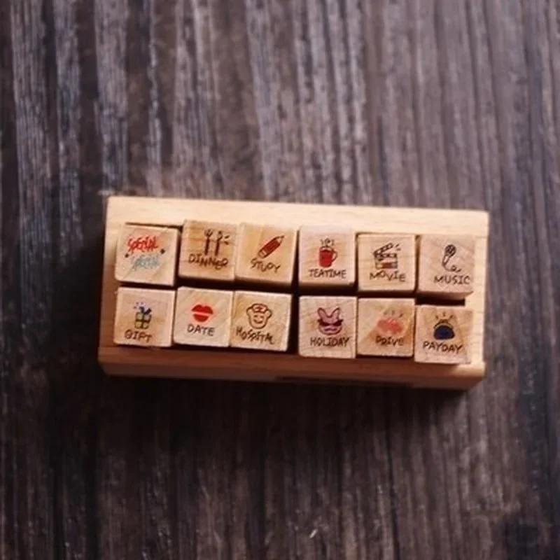 12 шт./Набор Винтажные штампы для дневника погоды Сделай сам Деревянные штампы в ассортименте для скрапбукинга Канцелярские товары Школьные принадлежности