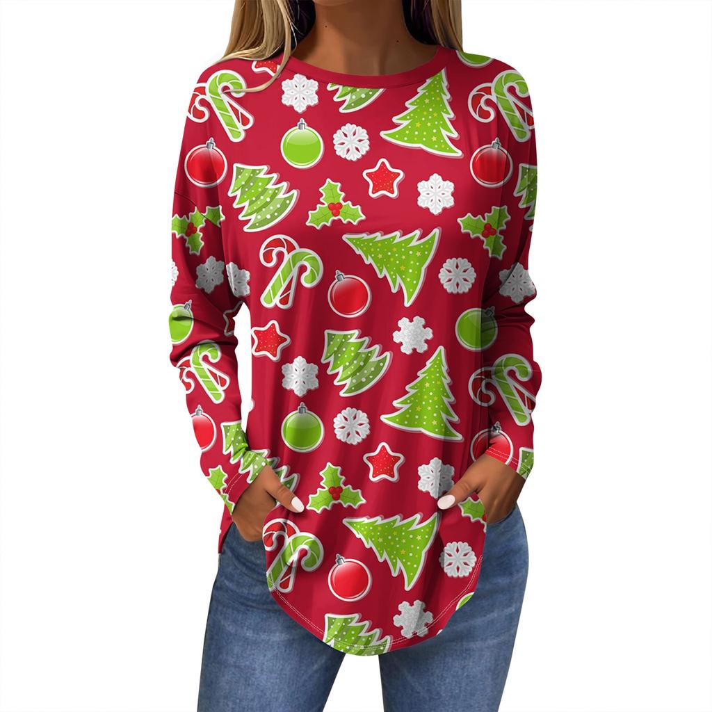 Женская модная повседневная футболка с круглым вырезом и длинным рукавом с рождественским принтом