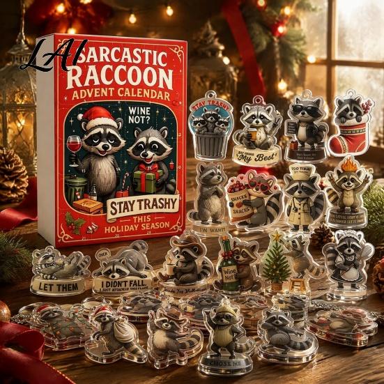 Decorative Raccoon Figures Advent Calendar 24 Days 2D Acrylic Ornament Countdown Hanging Decorations Collectible Cute Pendents for Home Tree,