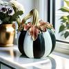 Hand Painted Retro Style Decor Black And White Striped Pumpkin Ornament, Resin Three Dimensional Sculpture Tabletop Centerpiece, Halloween Ornament