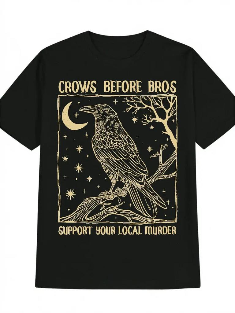 Men'S Casual Crew Neck T-Shirt with "Crows Before Bros" Graphic Print – Black Sh