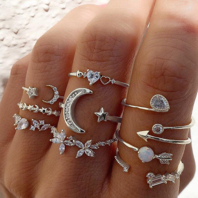 9Pcs/Set Vintage Gold Color Love Heart Butterfly Metal Rings Set for Women Simple Assembly Rings Paty Jewelry Gift Accessries