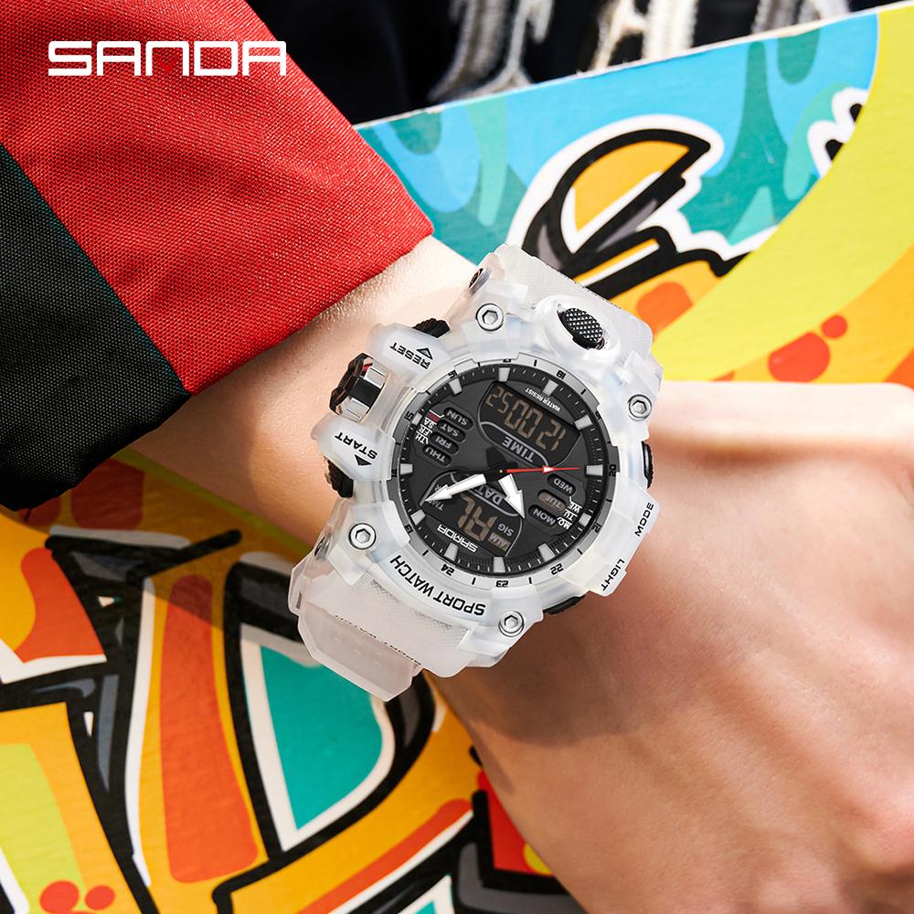 SANDA Спортивные военные мужские часы, роскошные часы с двойным дисплеем, водонепроницаемые кварцевые наручные часы 50 м для мужчин