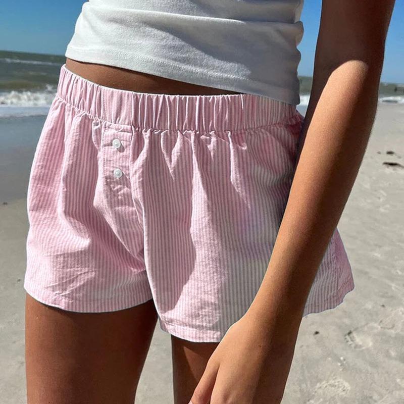 Fashion Summer Simple Striped Women Beach Shorts Loose Elastic Waist Sports Casual Short Pants Elegant Buttons Simple Basic Thin Women's Clothing