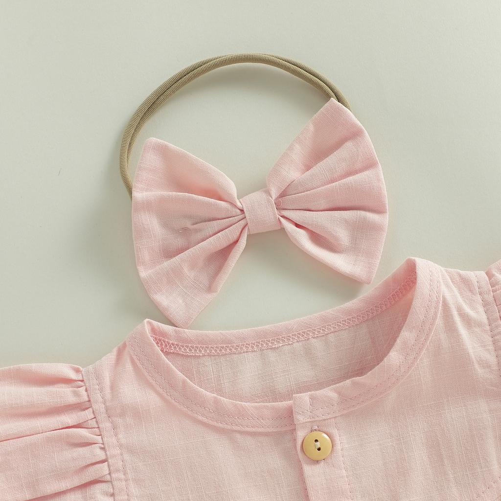 Citgeett Summer Infant Baby Girl Outfit Solid Flying Sleeve Romper Bow Headband Casual Clothes Set