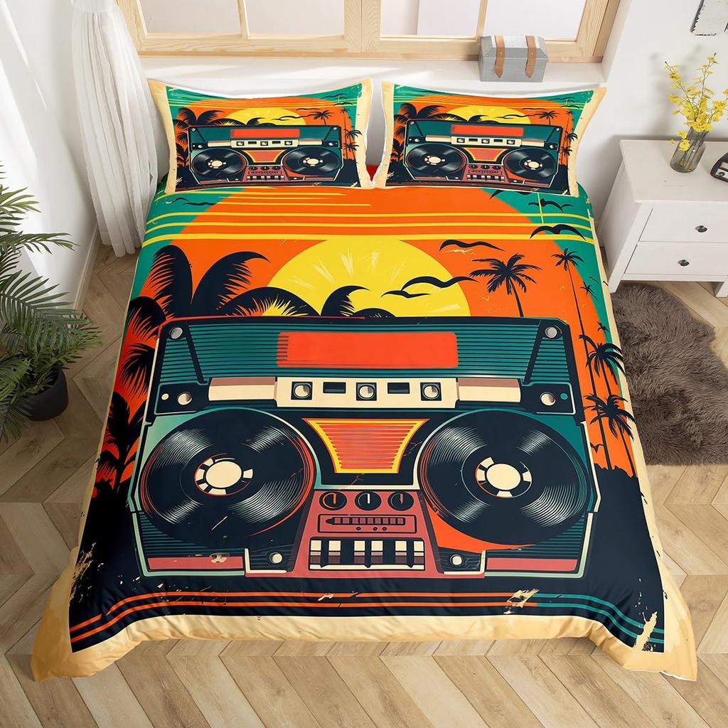 Cartoon Black Record Duvet Cover Set Retro Record Comforter Cover for Boy Girl Music Theme Bedding Set Queen King Duvet Covers