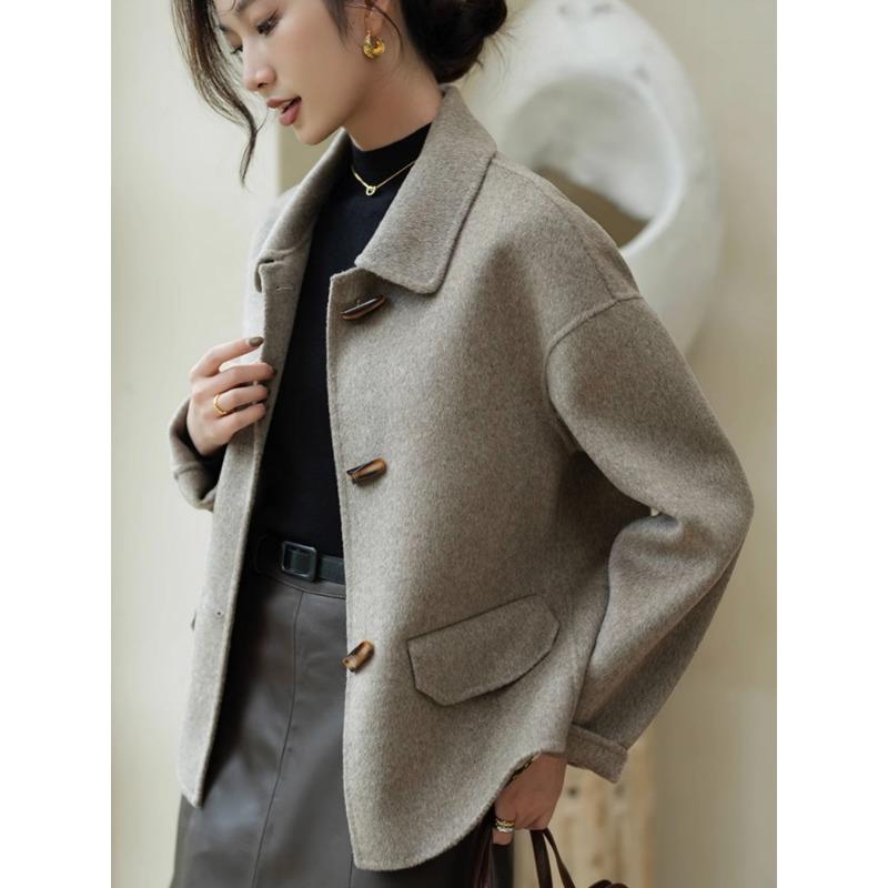 Модное женское зимнее пальто с роговой пуговицей и короткое шерстяное пальто