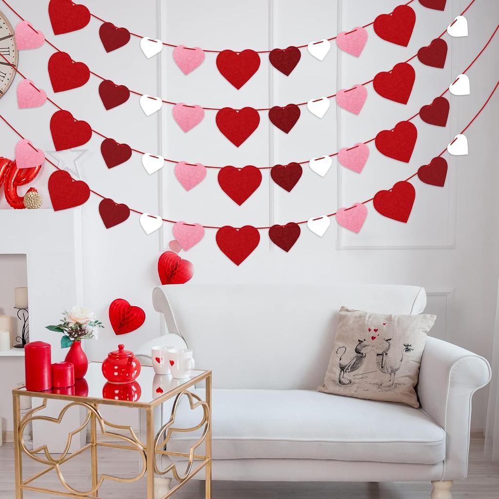 4Pcs Valentines Felt Heart Garland Banner- NO DIY- Valentines Decorations- Valentine Party Decorations Supplies- Valentines Burgundy Pink Red White
