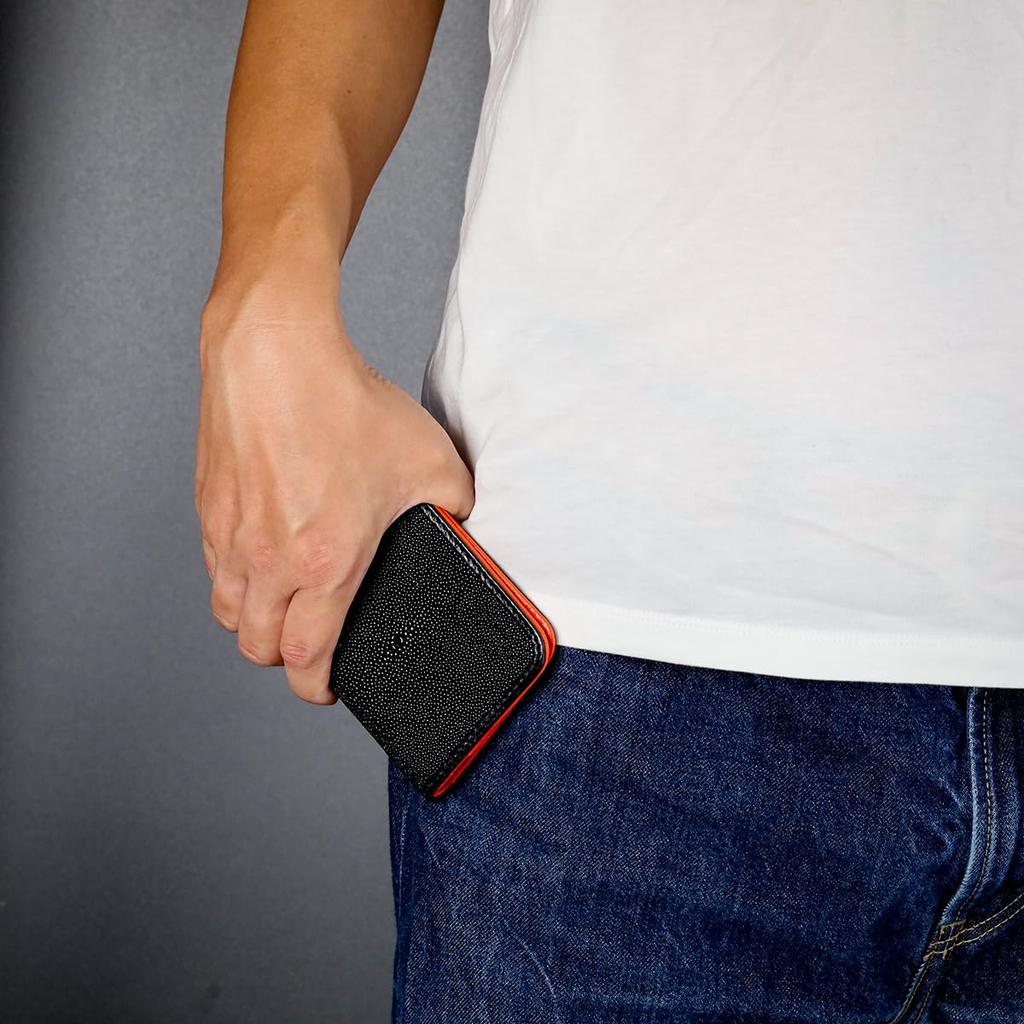 Кошелек-бифолд из кожи ската Levetta, Галюшат, Скат, Черный, Оранжевый, Черный, С текстурой икры, Мужской, Натуральная кожа [253stw-2]