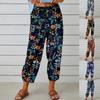 Cotton and Linen Women's  High-waisted Drawstring Nine-minute Elastic Waist Drawstring Leg Opening Retro Printed Pants Plus Size