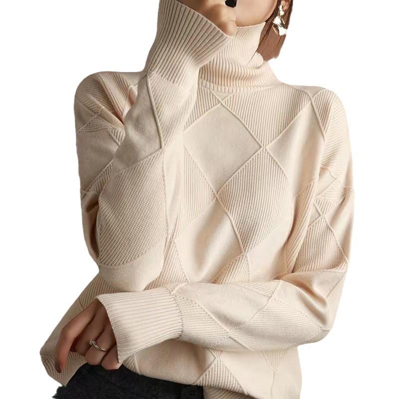 Женский пуловер с высоким воротником, вязаный ромбами: Европейский и американский стиль, свободный крой, однотонный