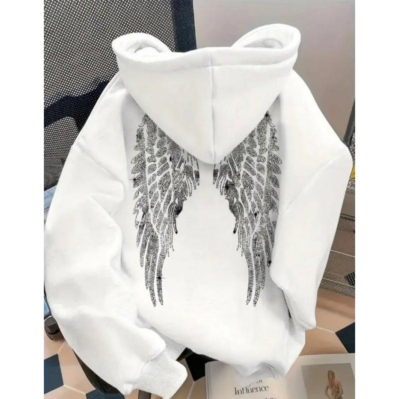 Trendy Minimalist Wing Print Hoodie Loose Fit Casual Sweatshirt Teens