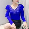 High Quality Spring Autumn Women Blue Black Mesh Inlaid Diamonds Ruffles TShirt Fashion Long Sleeve Slim Tops Sexy V-neck Casual Tees
