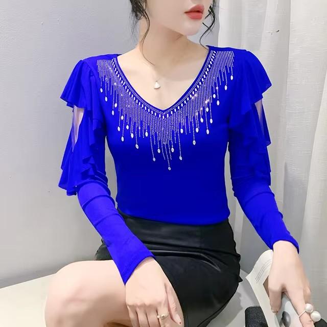 High Quality Spring Autumn Women Blue Black Mesh Inlaid Diamonds Ruffles TShirt Fashion Long Sleeve Slim Tops Sexy V-neck Casual Tees