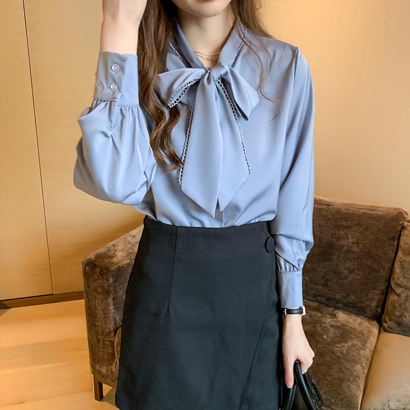 Spring 2025 New Women Blouses Shirts Long Sleeve Bow Collar White Chiffon Blouse Shirt Women Tops J766