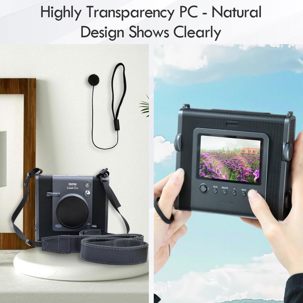 HIYQIN Clear Case with Lens Cap for Fujifilm Instax Wide Evo, Aluminum Black, with Lens Cap and Anti-Loss Cord