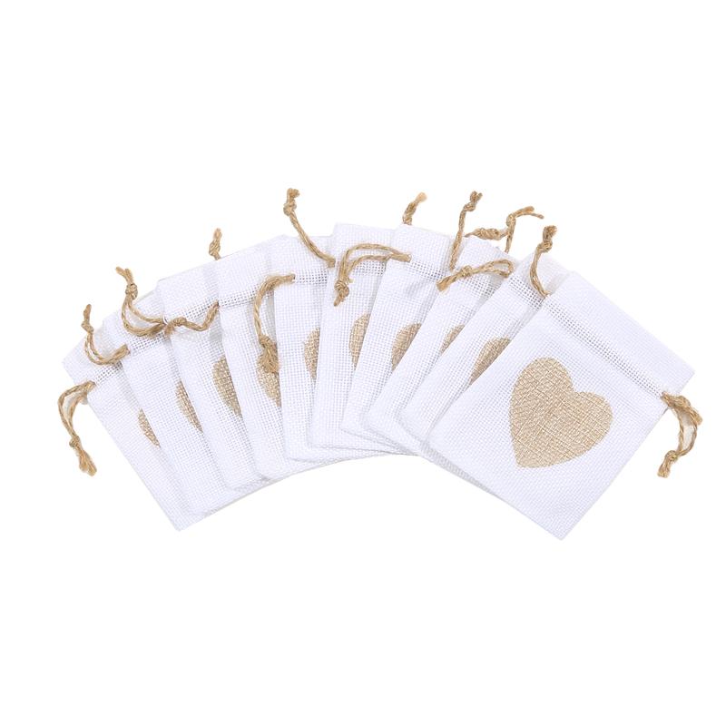 10Pcs Heart Shape Linen Small Drawstring Bag Reusable Burlap Jewelry Storage Pouch Gift Packaging Bags Party Candy Bags