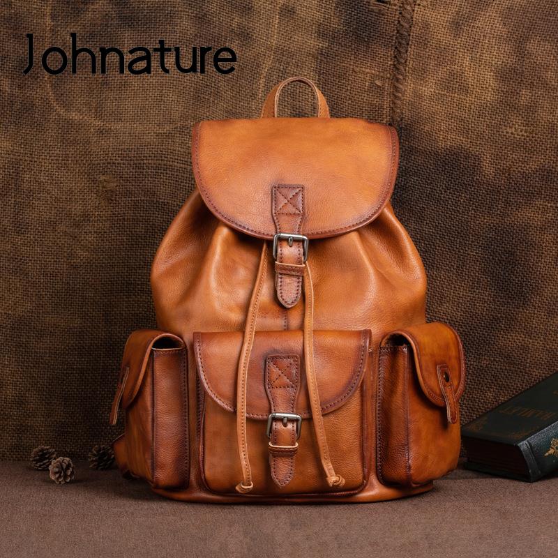 Johnature Men Genuine Leather Backpack Retro Large Capacity Portable Travel Bags Natural Real Cowhide Laptop Backpacks