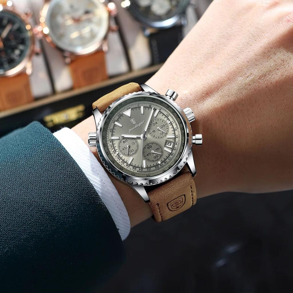 POEDAGAR Trendy Quartz Men Watch Waterproof Luminous Leather Business Man Clock Date Chronograph High Quality Men's Watches Gift