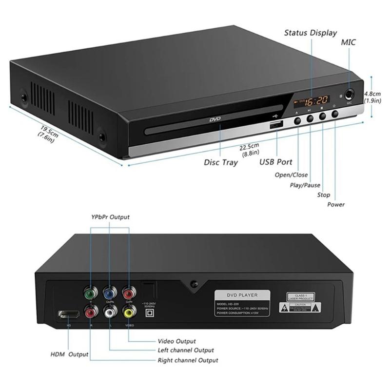 Мини-DVD-плеер для телевизора, воспроизводит видео всех регионов, качество 1080p, 4K UHD. USB-порт и пульт дистанционного управления в комплекте.