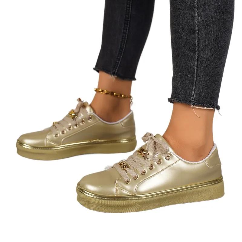 2024 Обувь женская на шнуровке женская вулканизированная обувь больших размеров женские кроссовки с цепочкой круглый носок плоская с наружной женской повседневной обувью