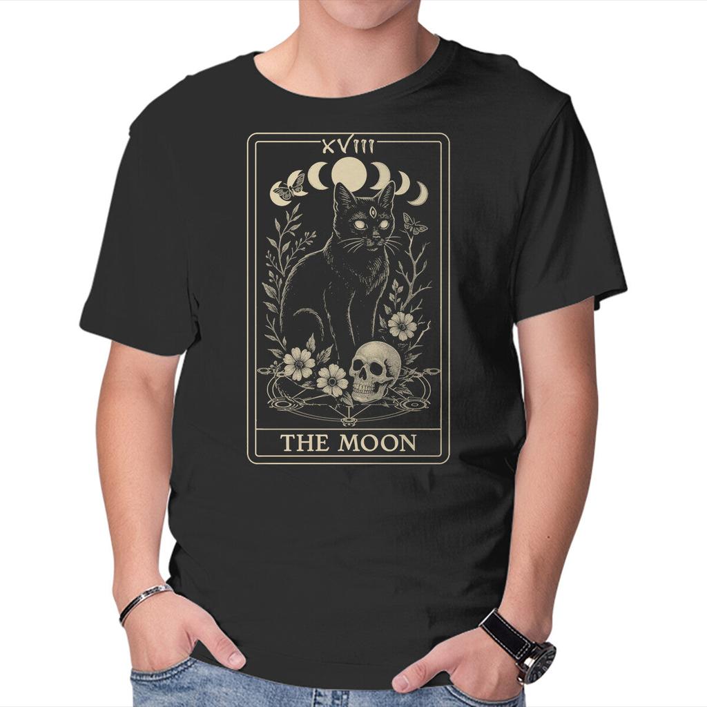 Unisex Crew Neck T-Shirt The Moon Cat Tarot Graphic Short Sleeve Casual Tee