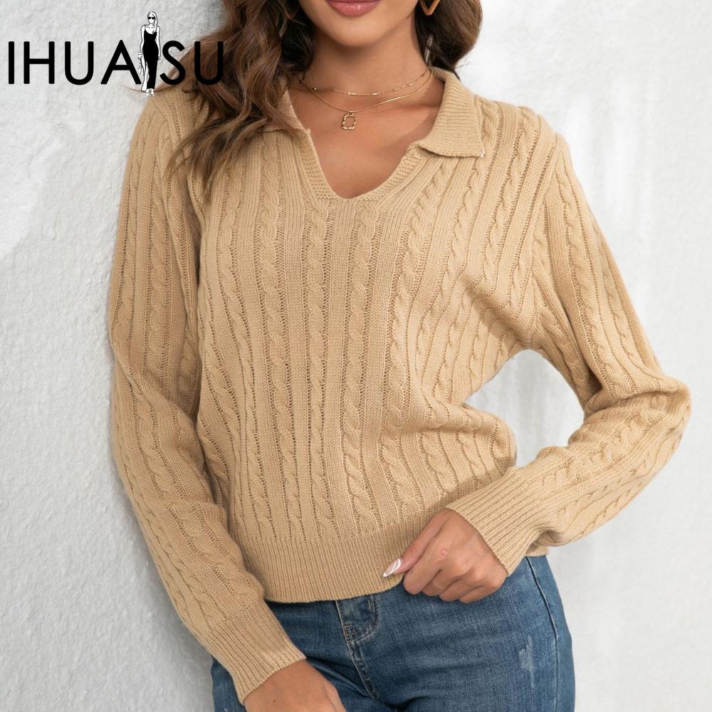 IHUASU Women's POLO Neck Twist Sweater Women's Pullover Loose Autumn and Winter Long Sleeve Knitwear