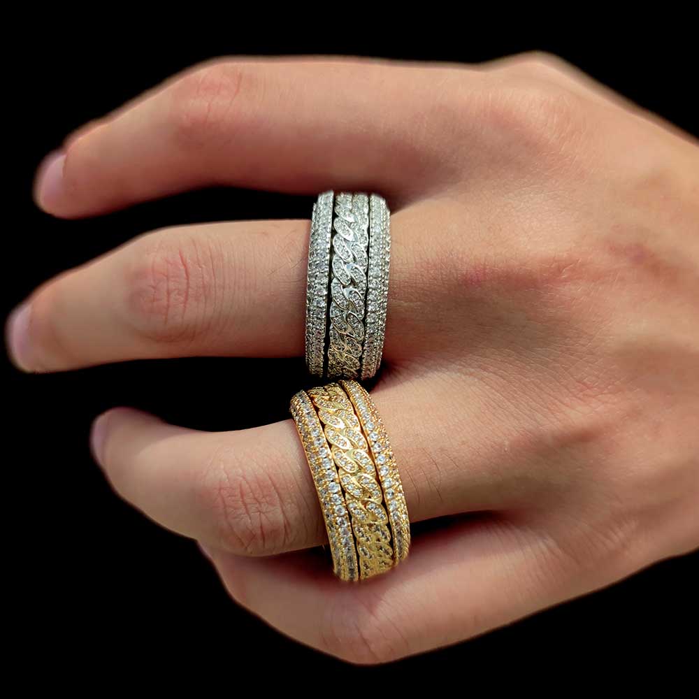 New Cuban Link Chain Design Ring Fully Micro Zircon Paved R0tatable Cuban Ring,Hiphop Iced Out Men's Swivel Cuban Ring.