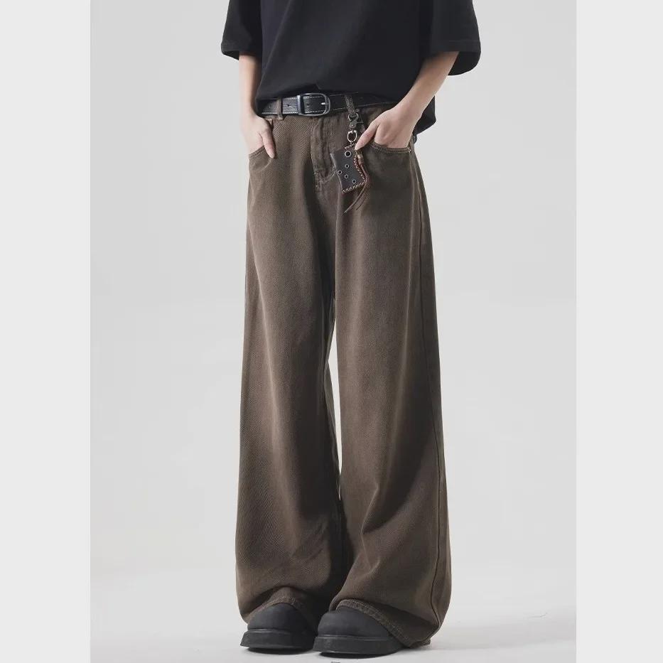 Модные свободные джинсы прямого кроя унисекс коричневого цвета, выстиранные и окрашенные