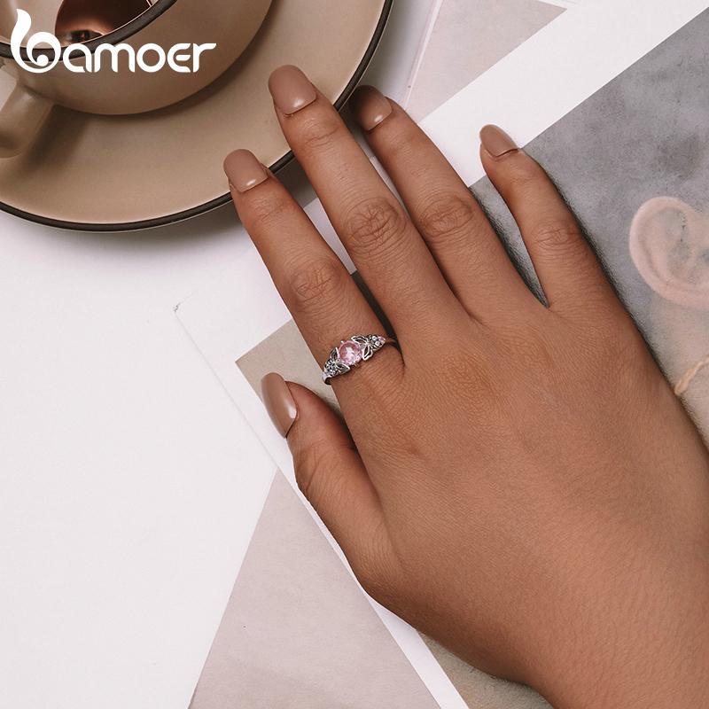 BAMOER кольцо из стерлингового серебра 925 пробы с розовым камнем и ажурным кольцом на палец в виде бабочки с кубическим цирконием для женщин, подарок на день рождения, ювелирные изделия