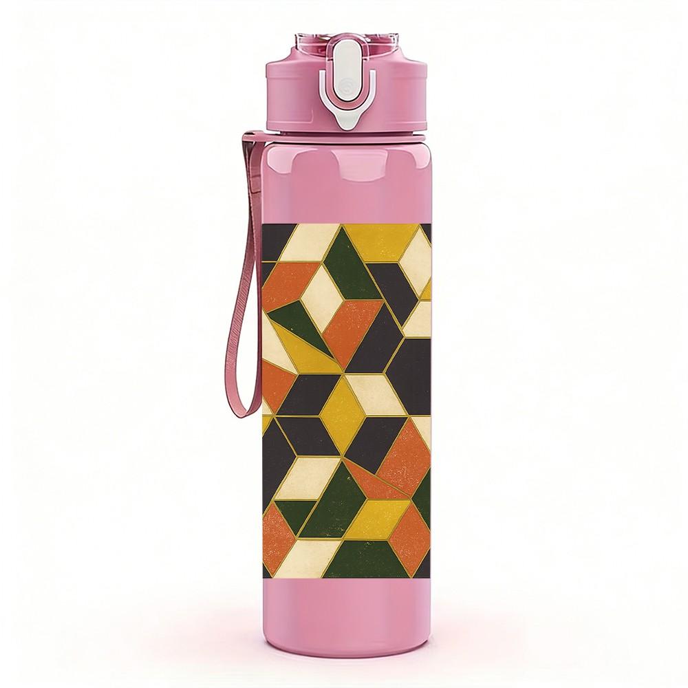1PC Geometric Color Block Pattern 750ml Color Plastic Sports Water Bottle Leakproof Flip Straw Lid Suitable for Sports Office Home Use