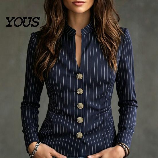 Anti Wrinkle Formal Blazer Women Stand Collar Striped Blazer, Slim Fit Single-Breasted Casual Jacket Blouse Top, Office Business Outerwear Top