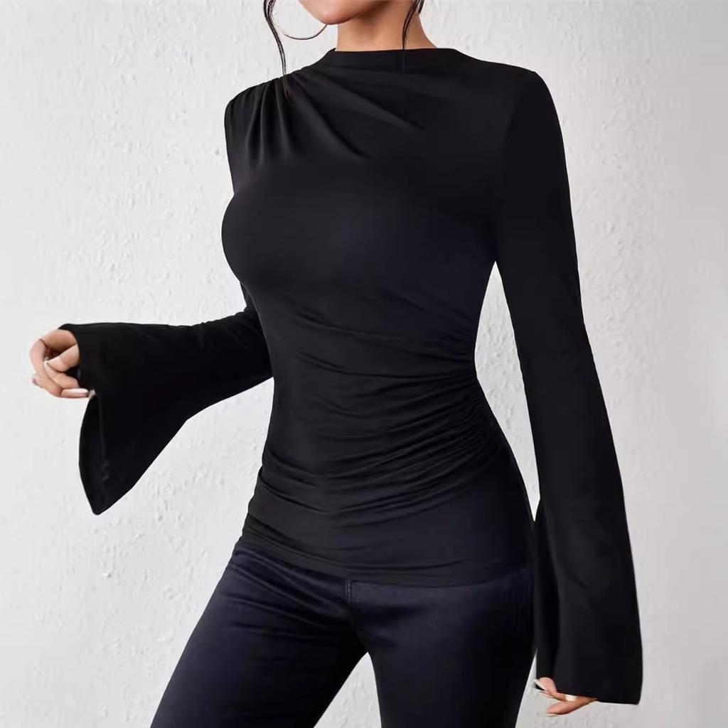 Autumn Versatile Pleated Top with Flared Sleeves Stand Up Collar Slim Fit Women's T-shirts