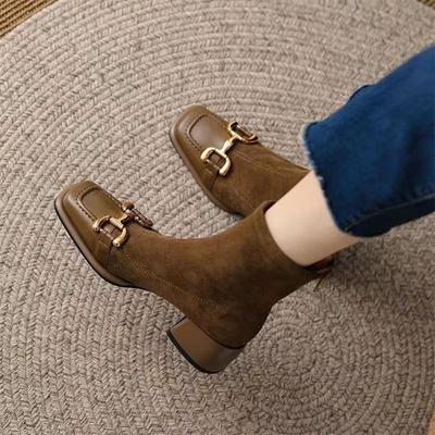 Модные черные эластичные носки, весенние женские новые квадратные ботиночки в античном стиле, короткие ботиночки, ботиночки на толстом каблуке, осенние женские ботиночки на толстом каблуке