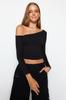 Women's Fashion New Blouse Black One Shoulder Cotton Stretchy Fitted Bodycon Crop Knitted Blouse