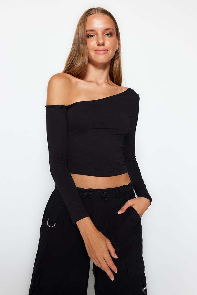 Women's Fashion New Blouse Black One Shoulder Cotton Stretchy Fitted Bodycon Crop Knitted Blouse