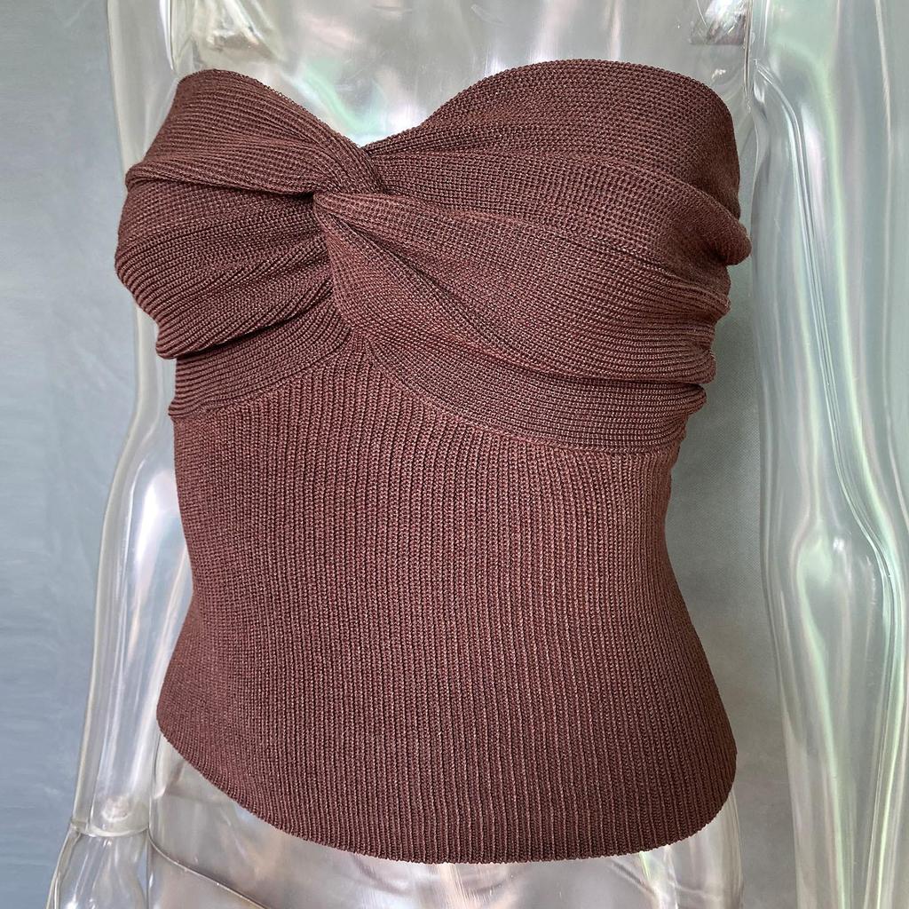 Spring Summer Women Solid Color Deep V Neck Cross Knit Strapless Vest Chic Tank Tops