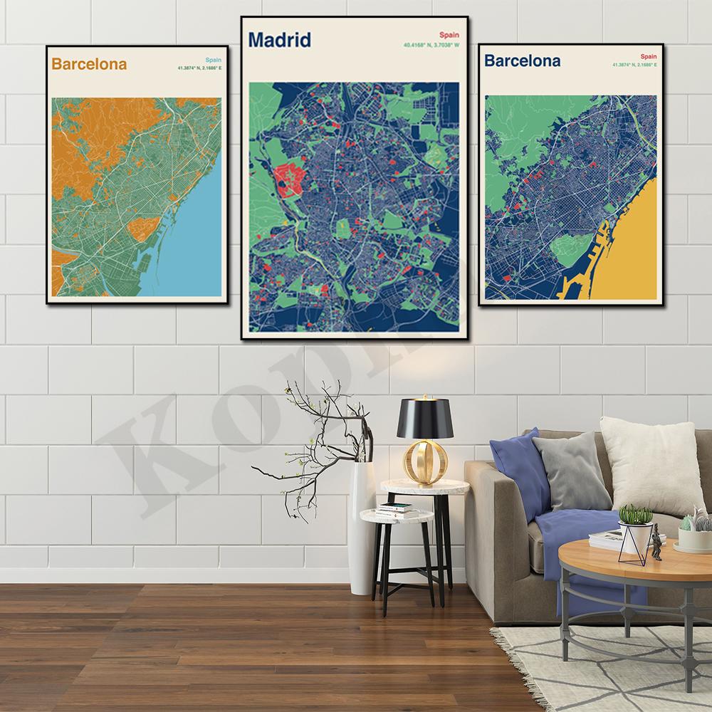 Барселона. Севилья. Бильбао. Мадрид. Альмерия. Цветная карта городов Испании. Искусство стены. плакат