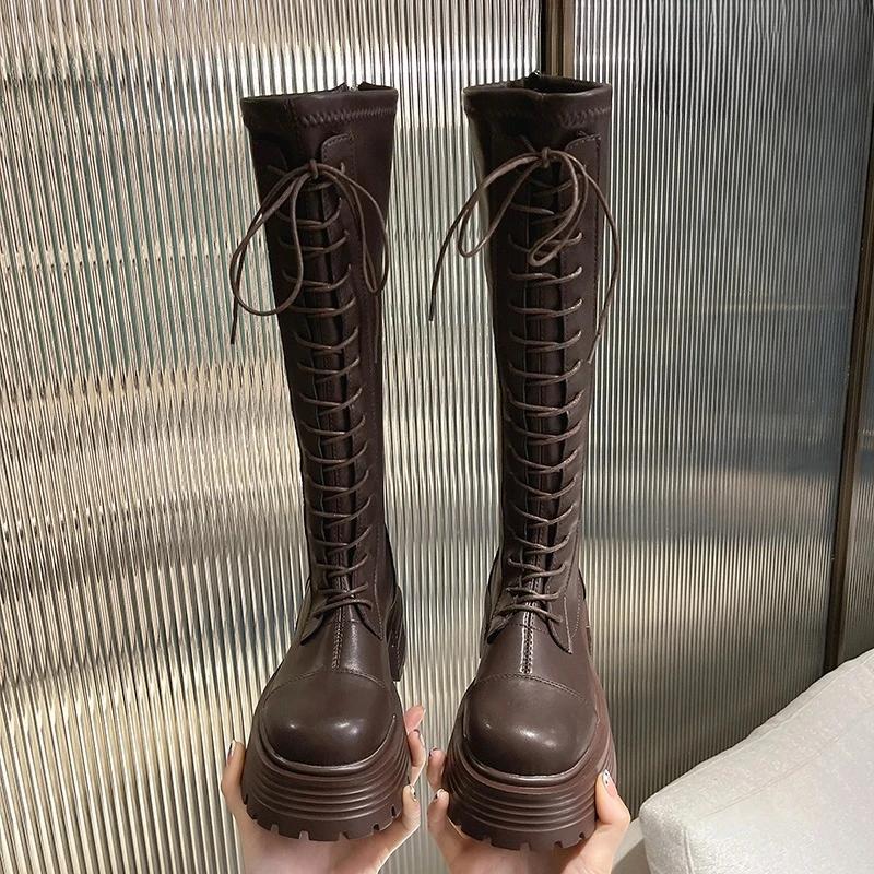 Платформенные ботинки на шнуровке Женские осенне-зимние новые эластичные подчеркивают стройность и увеличивают рост Маленький человек до колена Длинные рыцарские сапоги