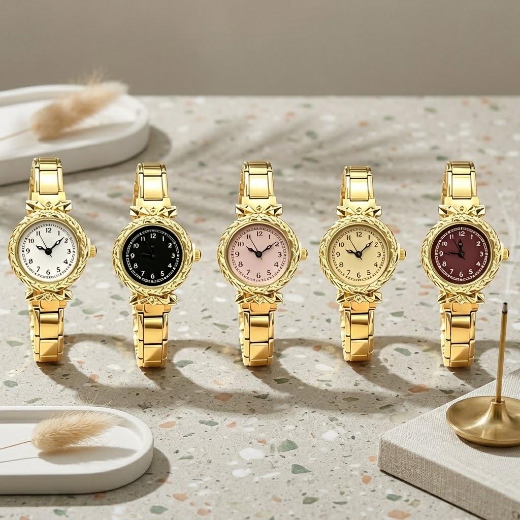 Ins Round Women Quartz Italian Charm Watch Carved Bezel Golden Stainless Steel Band Dial Analog Ladies Wristwatch Daily Gift