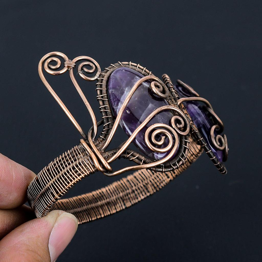 Привлекательный аметист, драгоценный камень, чистая медная проволока, завернутая в манжеты/браслет ручной работы, ювелирные изделия