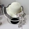 Summer New Straw Hat Floral Streamer Pearl Decoration Sun Hat Seaside Outing Big Eaves Sun Protection Hat