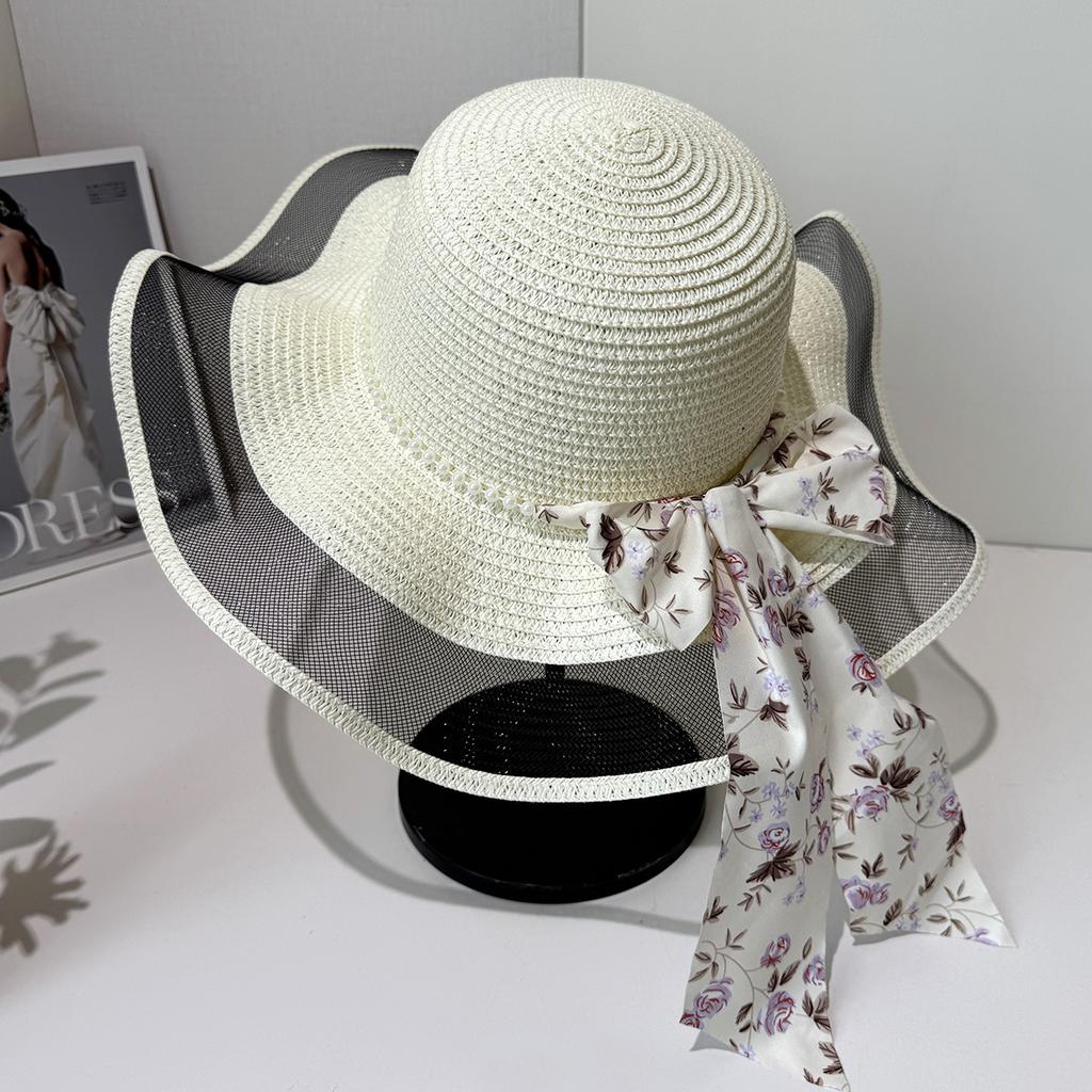 Summer New Straw Hat Floral Streamer Pearl Decoration Sun Hat Seaside Outing Big Eaves Sun Protection Hat