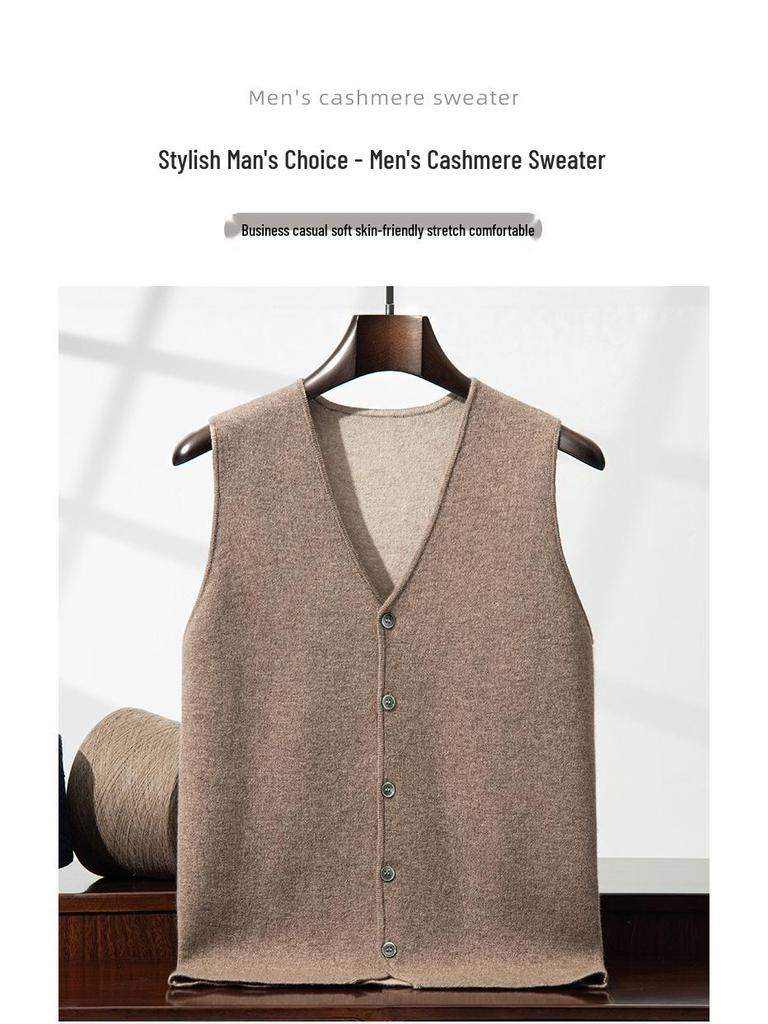 Men's Loose Casual V-neck Color Block Thickened Cashmere Knitted Sleeveless Vest Cardigan